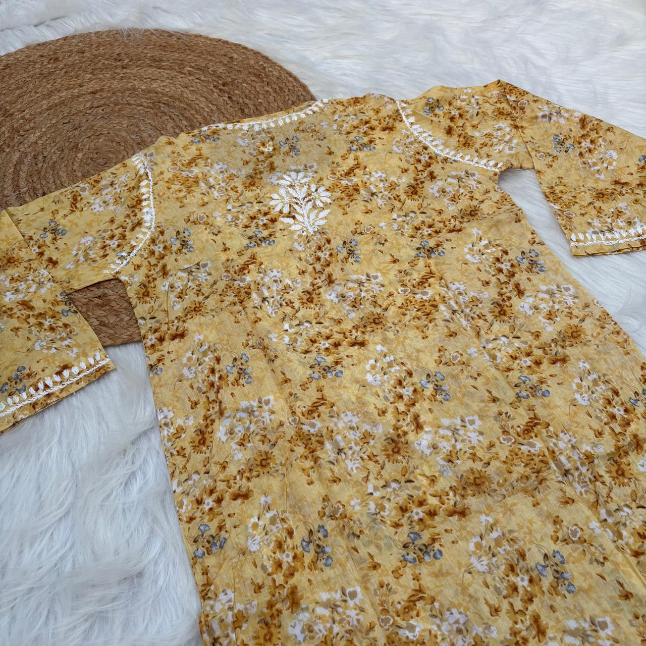 Rania Pure Mulmul Chikankari Handwork Kurti - Yellow Colour
