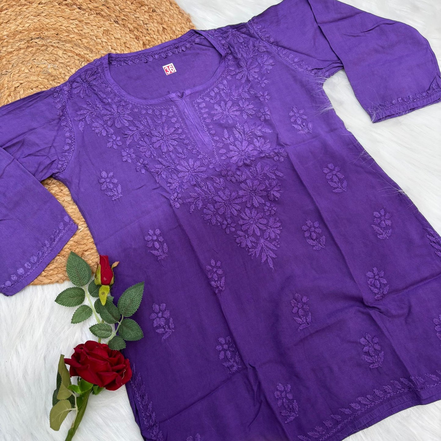 Sofia Ombre Shaded Soft Rayon Chikankari Short Kurti - Purple Colour - Chikankaar