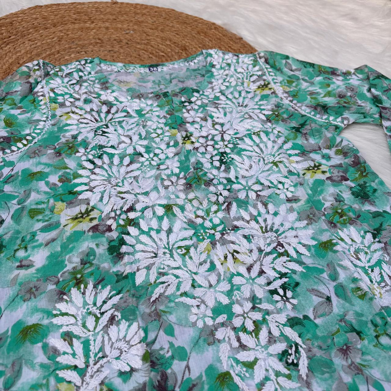 Yasmin Pure Mulmul Chikankari Handwork Kurti - Sea Green Colour