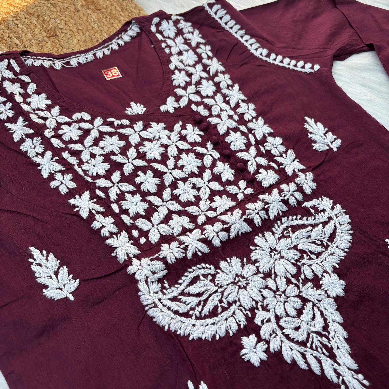 Sabeena Pure Cotton Chikankari Kurti Wine Colour