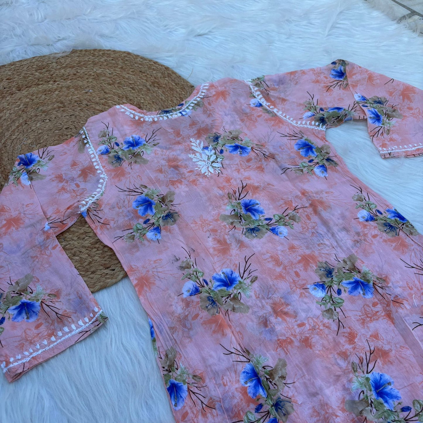 Rasha Pure Mulmul Chikankari Kurti - Peach Color