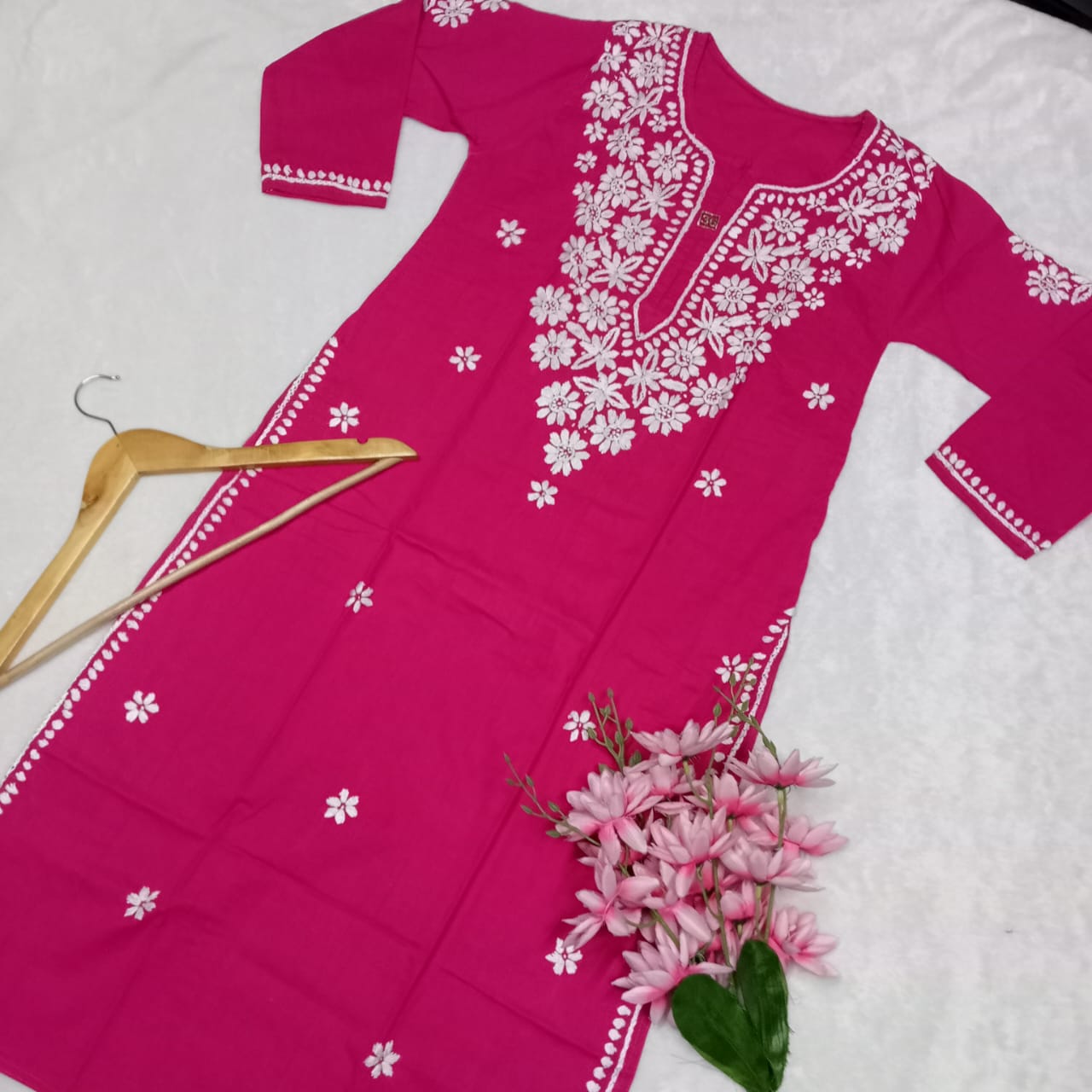 Pure Cotton Chikankari Handwork Kurti - Rani Colour - Chikankaar