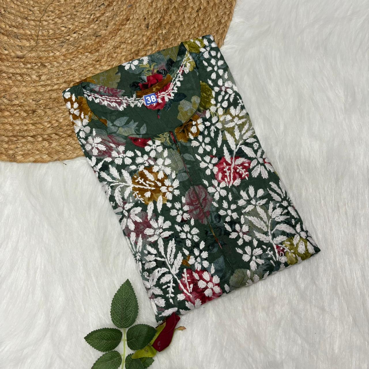 Dhanashree Inspired Mulmul Floral Printed Chikankari Handwork Kurti -Dark Green Colour - Chikankaar