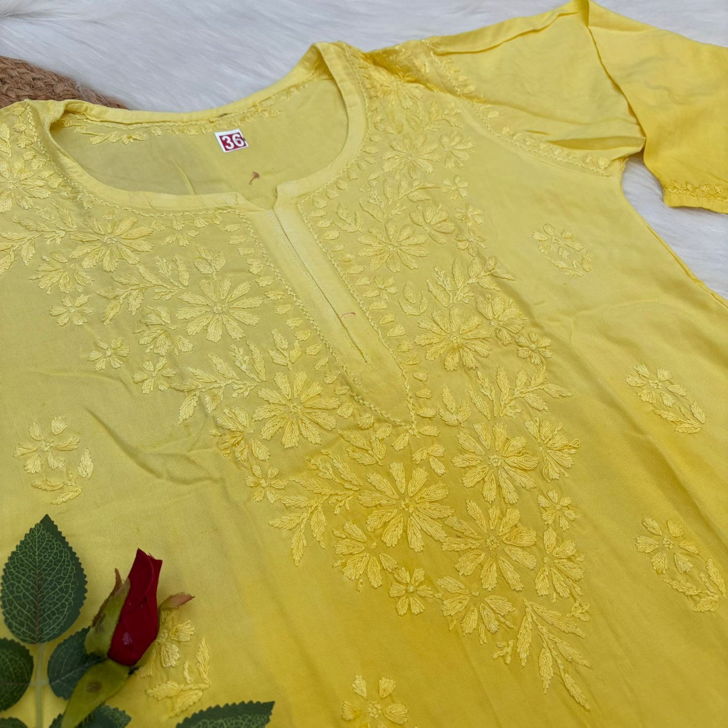Sofia Ombre Shaded Soft Rayon Chikankari Short Kurti - Yellow Colour - Chikankaar