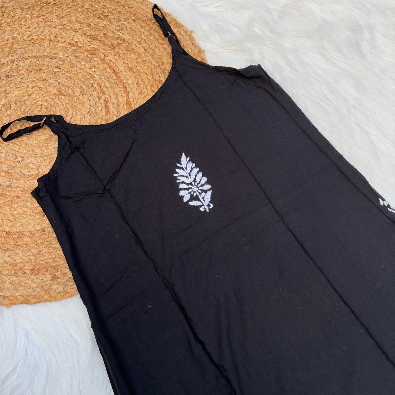 Safa Rayon Chikankari Noodle Strap Short Kurti -Black colour (Length - 38")