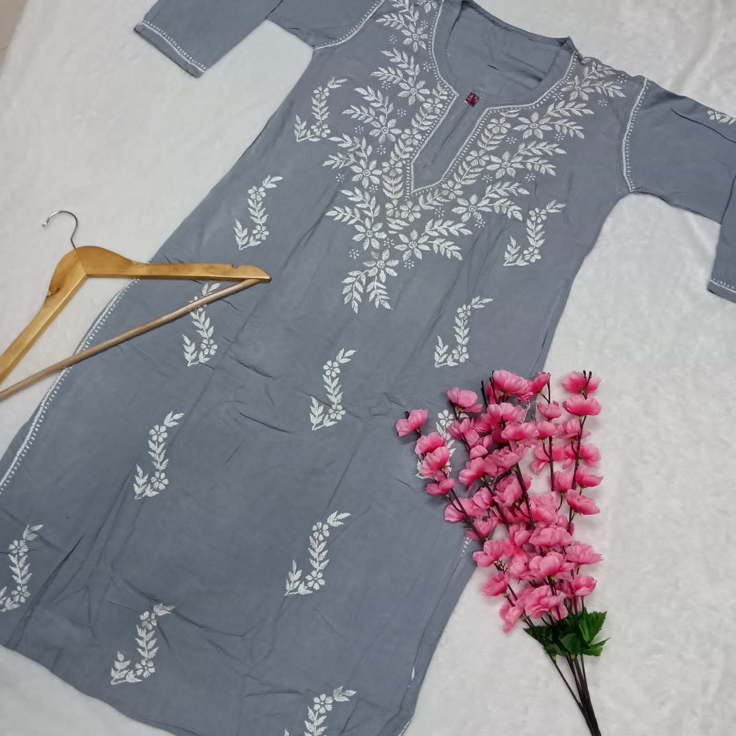 Pure Rayon Chikankari Ghas Patti Work Kurti -Grey Colour - Chikankaar