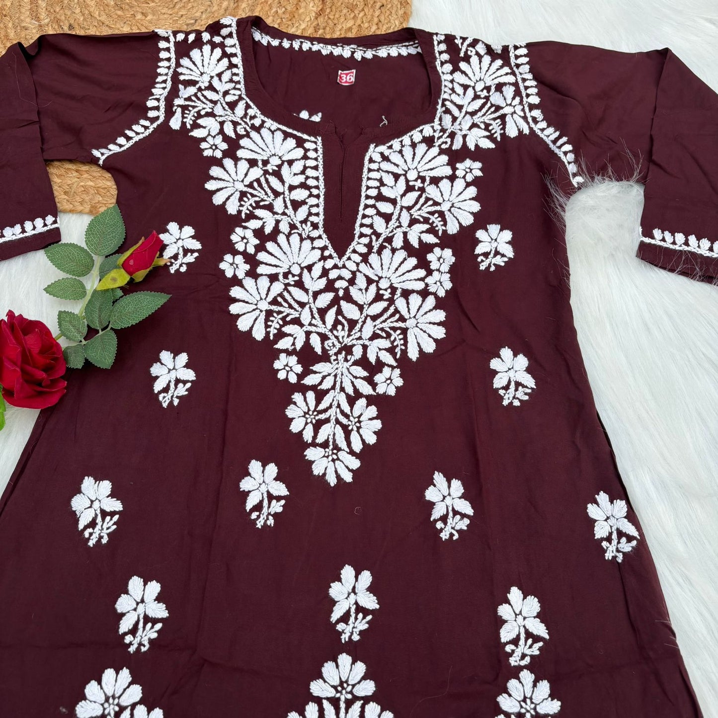 Ina Soft Rayon Chikankari Short Kurti - Brown Colour - Chikankaar
