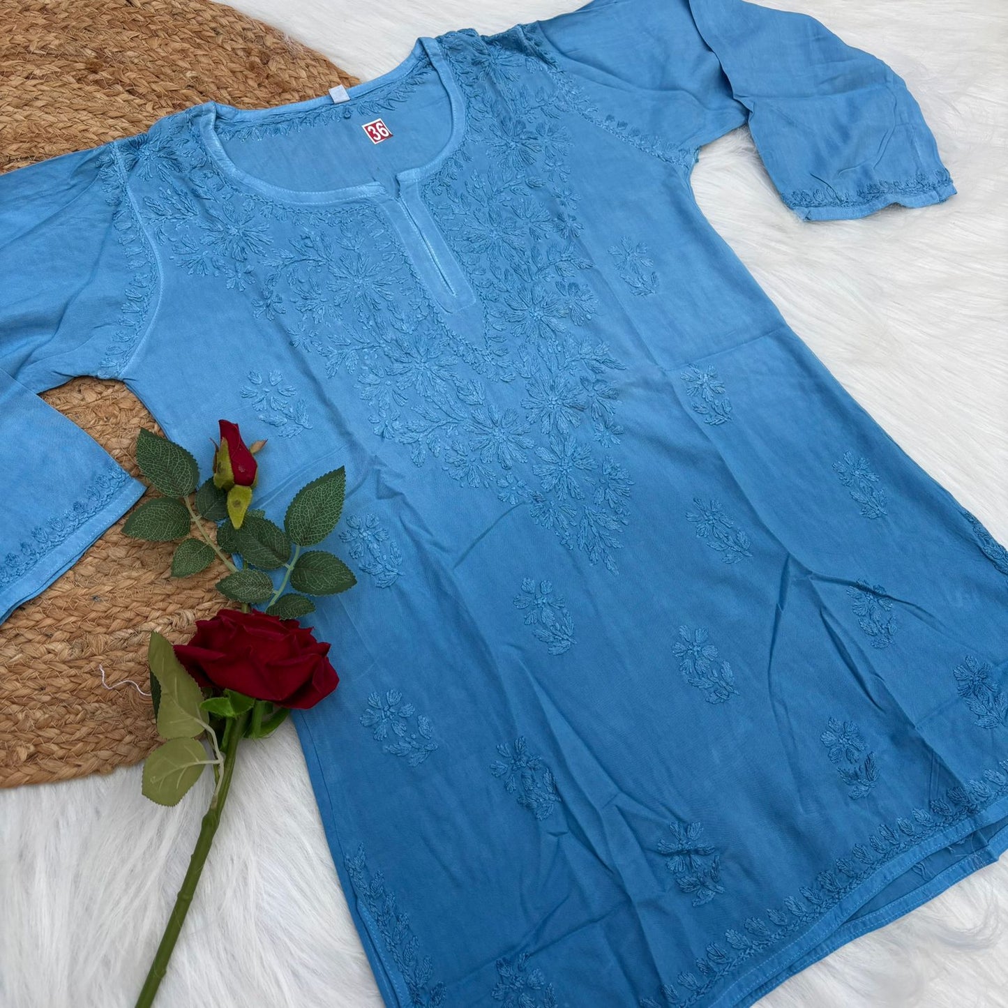 Sofia Ombre Shaded Soft Rayon Chikankari Short Kurti - Sky Blue Colour - Chikankaar