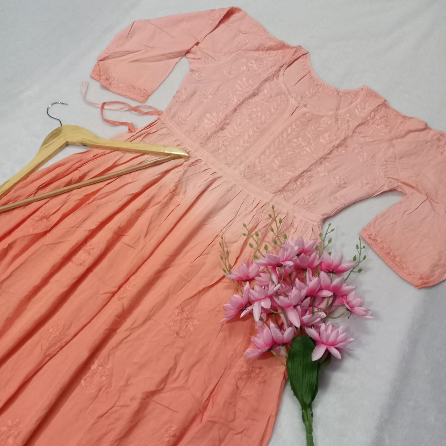 Pure Modal Dual Shaded Chikankari Gown With Dori -Peach Colour - Chikankaar