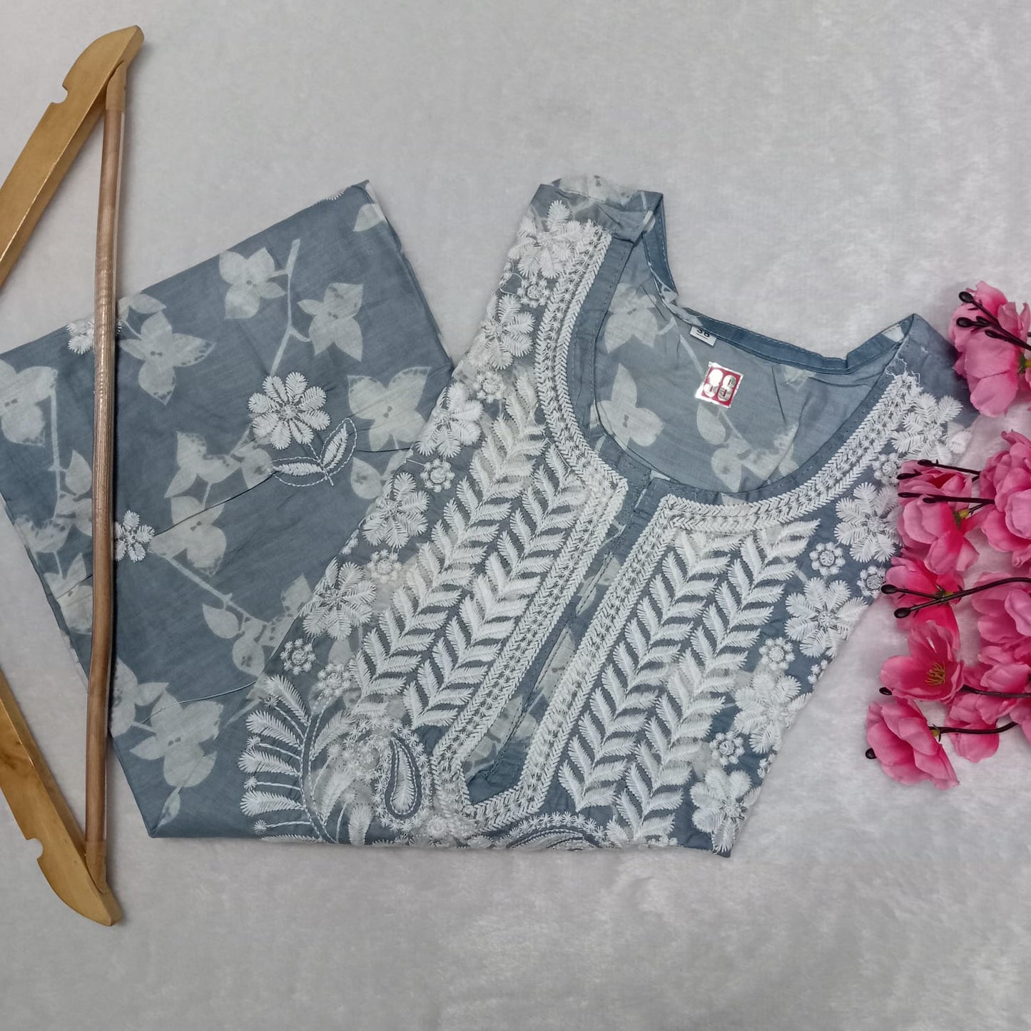 Mulmul Cotton Chikankari Machine Work Kurti - Grey Colour - Chikankaar