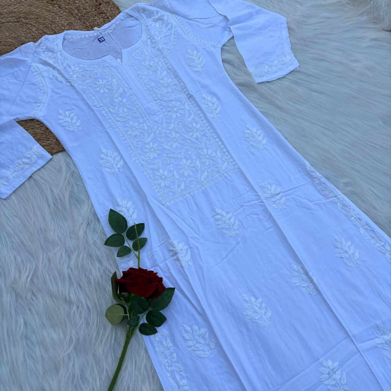 Soft Rayon Chikankari Kurti - White Colour