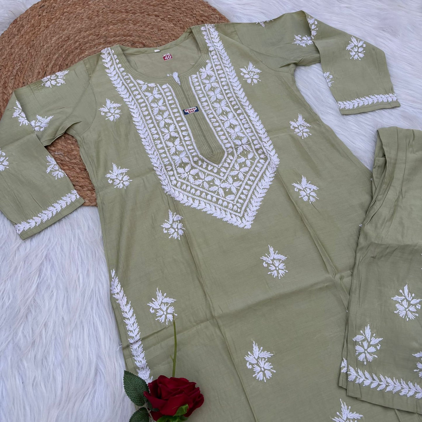 Afana Silk Chikankari Kurti Plazo set Pista Colour