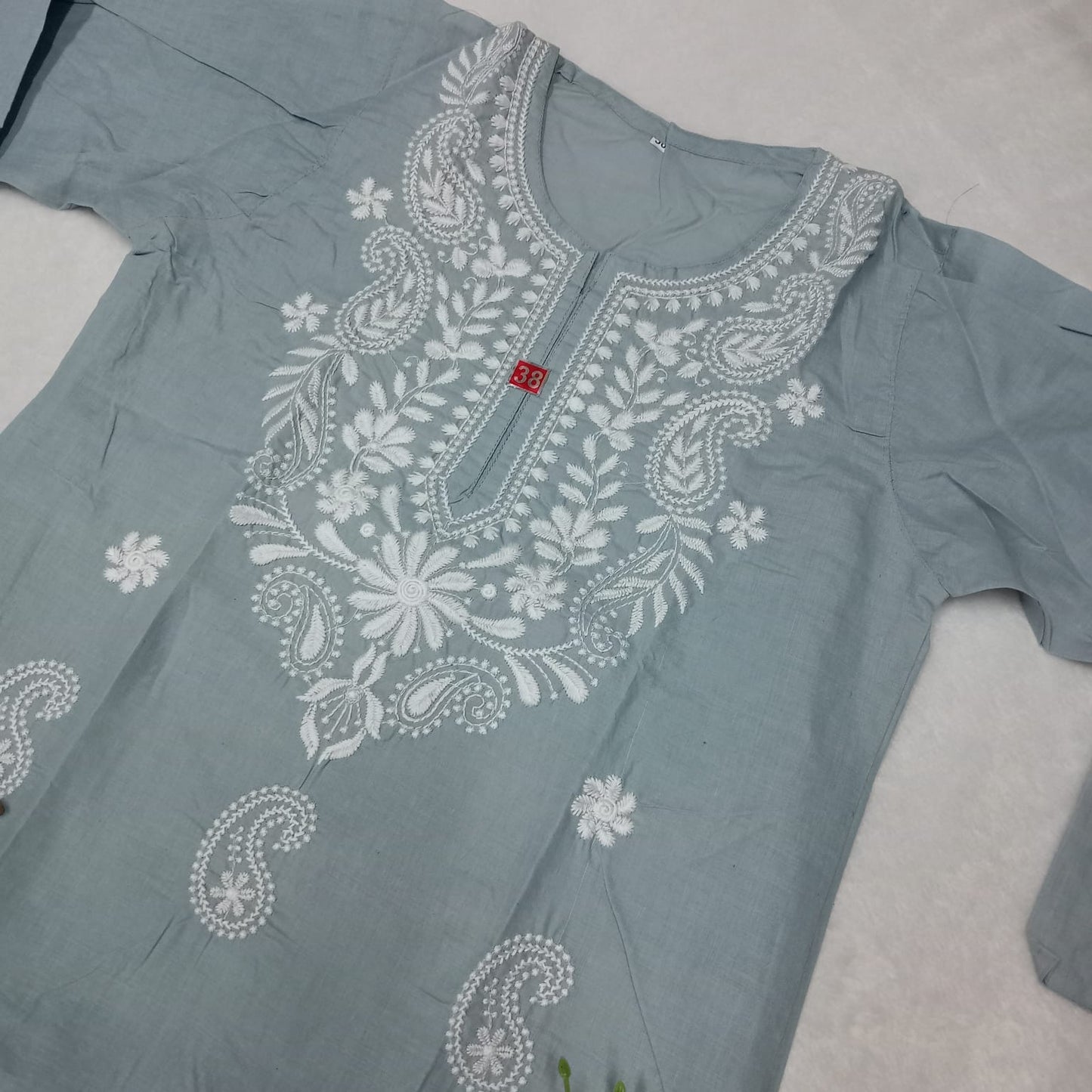 COTTON MACHINE WORK CHIKANKARI KURTI - GREY COLOUR - Chikankaar