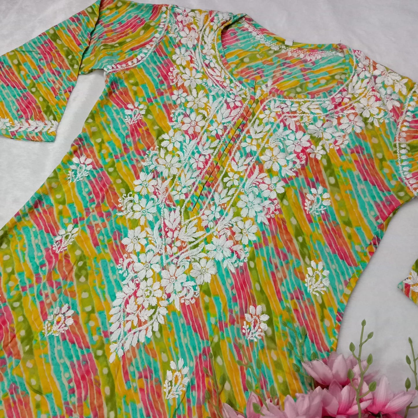 Pure Rayon Multiprinted Chikankari Kurti - Multicolor - Chikankaar