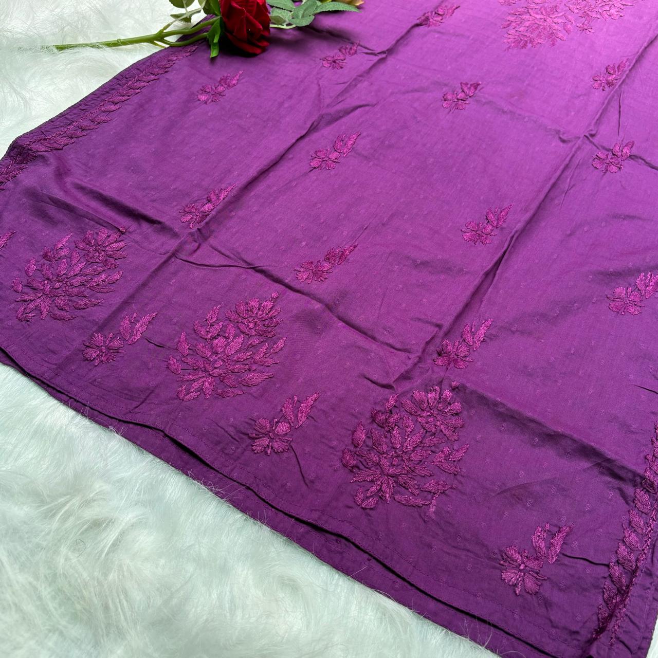 Adaah Ombre Shaded Dobby Cotton Chikankari Kurti - Wine - Chikankaar