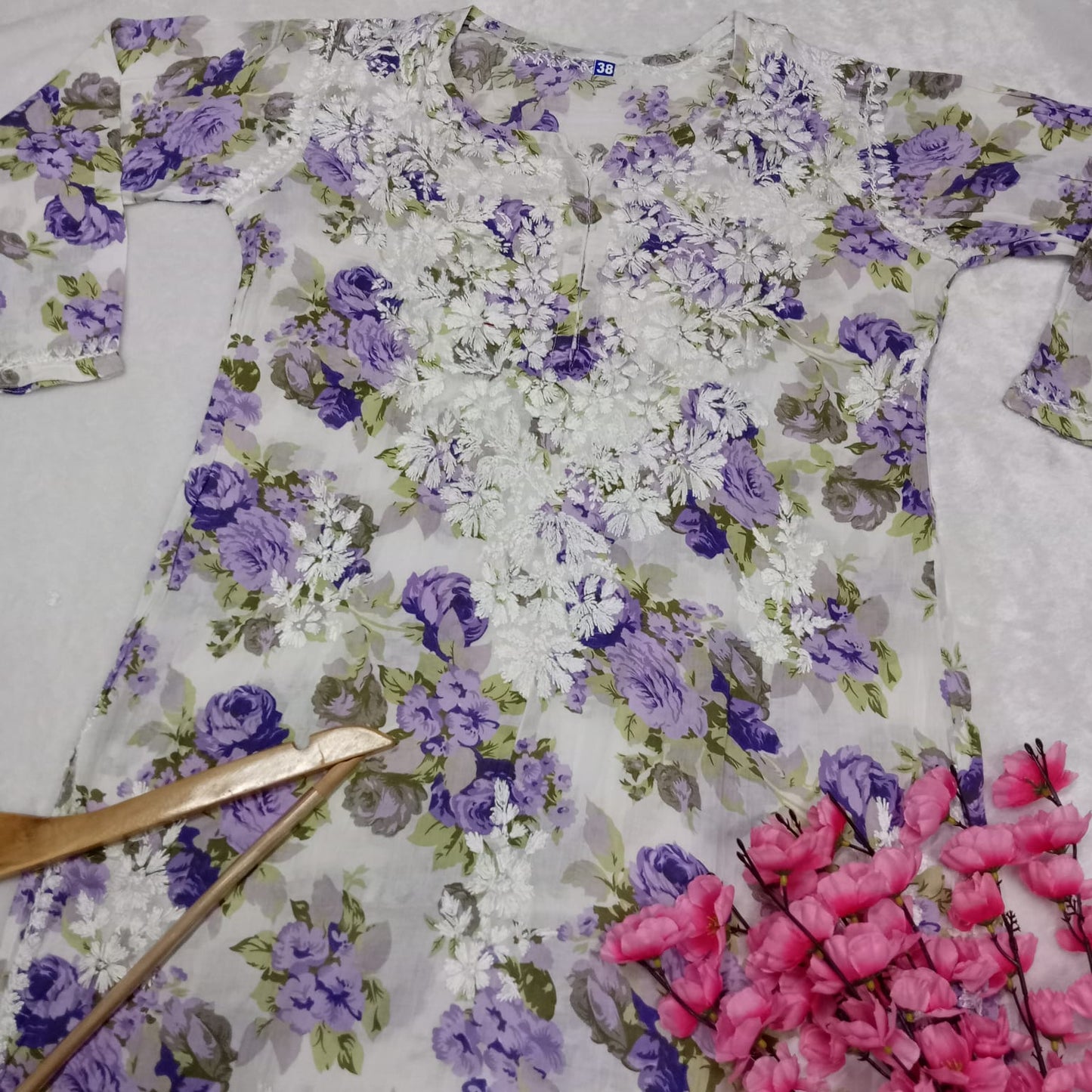 Aisha Mulmul Floral Printed Chikankari Handwork Kurti- Purple Colour - Chikankaar