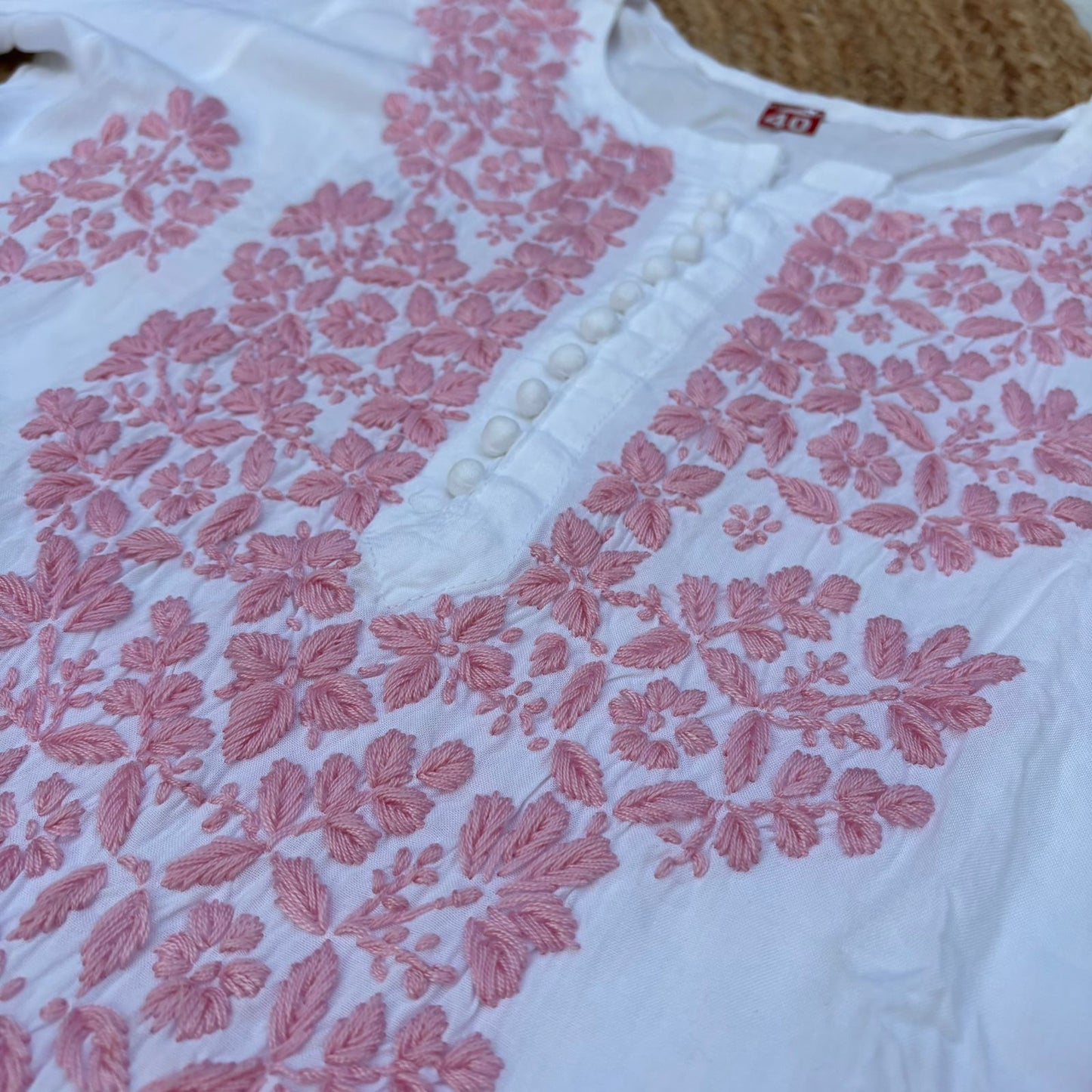 Amira Soft Rayon Chikankari Kurti - Pink on White Color - Chikankaar