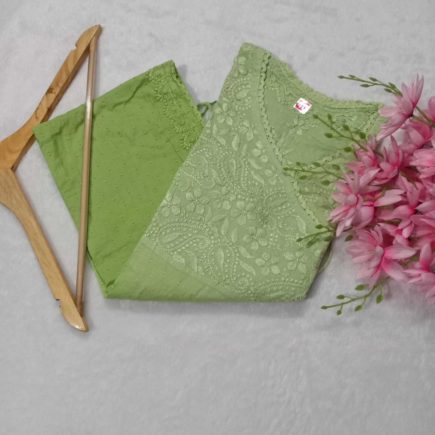 Ombre Shaded Dobby Cotton Chikankari Angarakha -Parrot Green Colour - Chikankaar