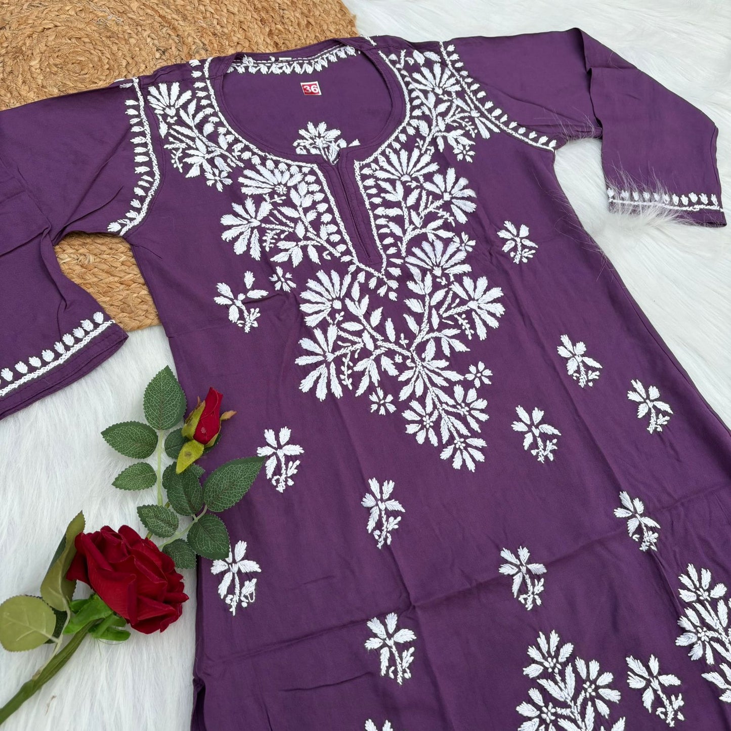 Ina Soft Rayon Chikankari Short Kurti - Mauve Colour - Chikankaar