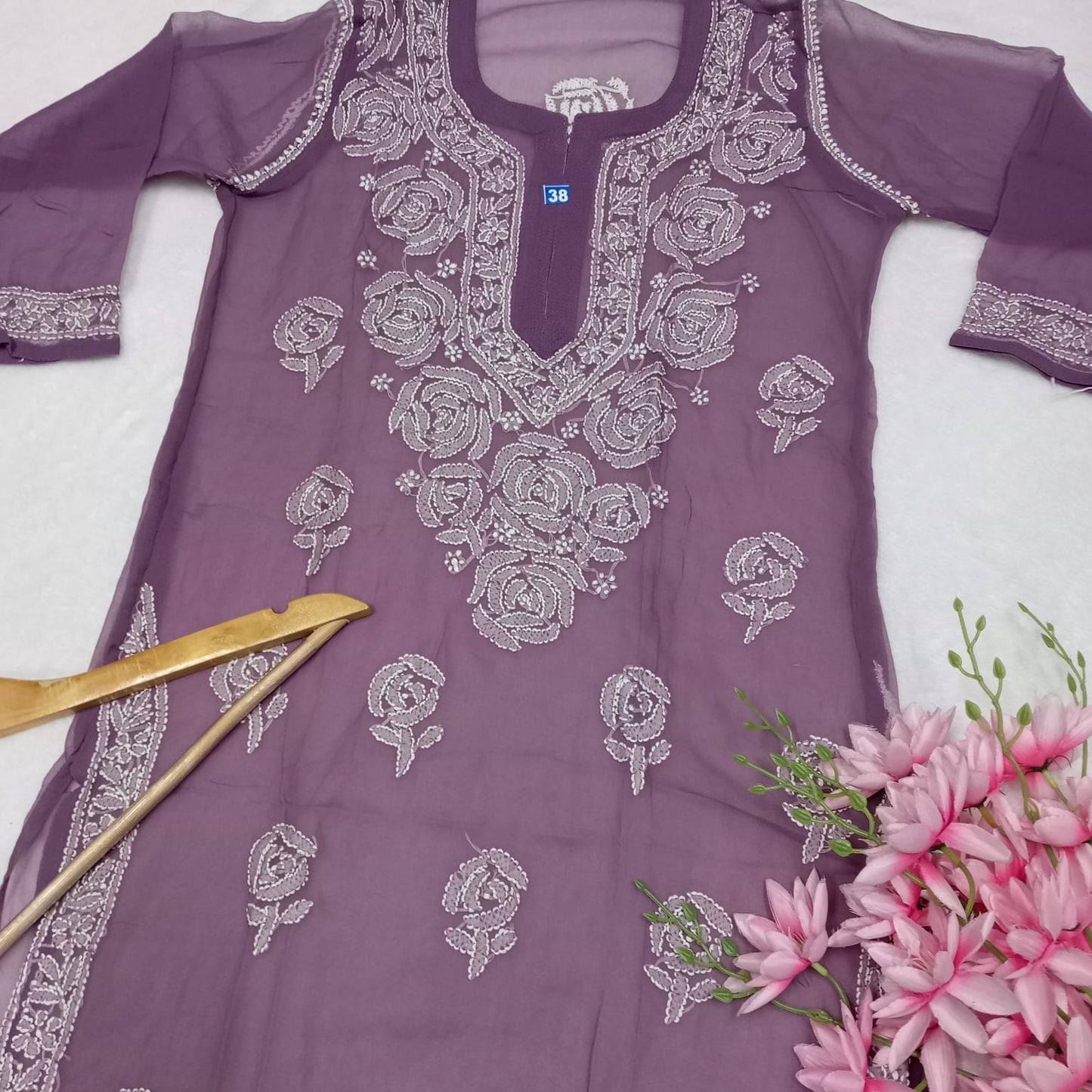 GEORGETTE CHIKANKARI ROSE WORK KURTI WITH PURE COTTON INNER -MAUVE COLOUR - Chikankaar