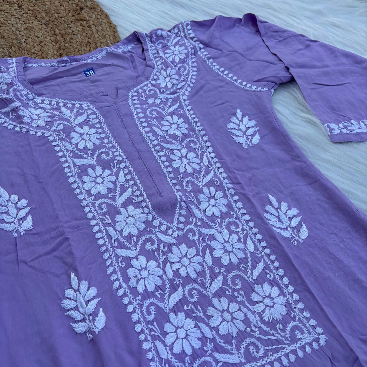Soft Rayon Chikankari Kurti - Purple Colour