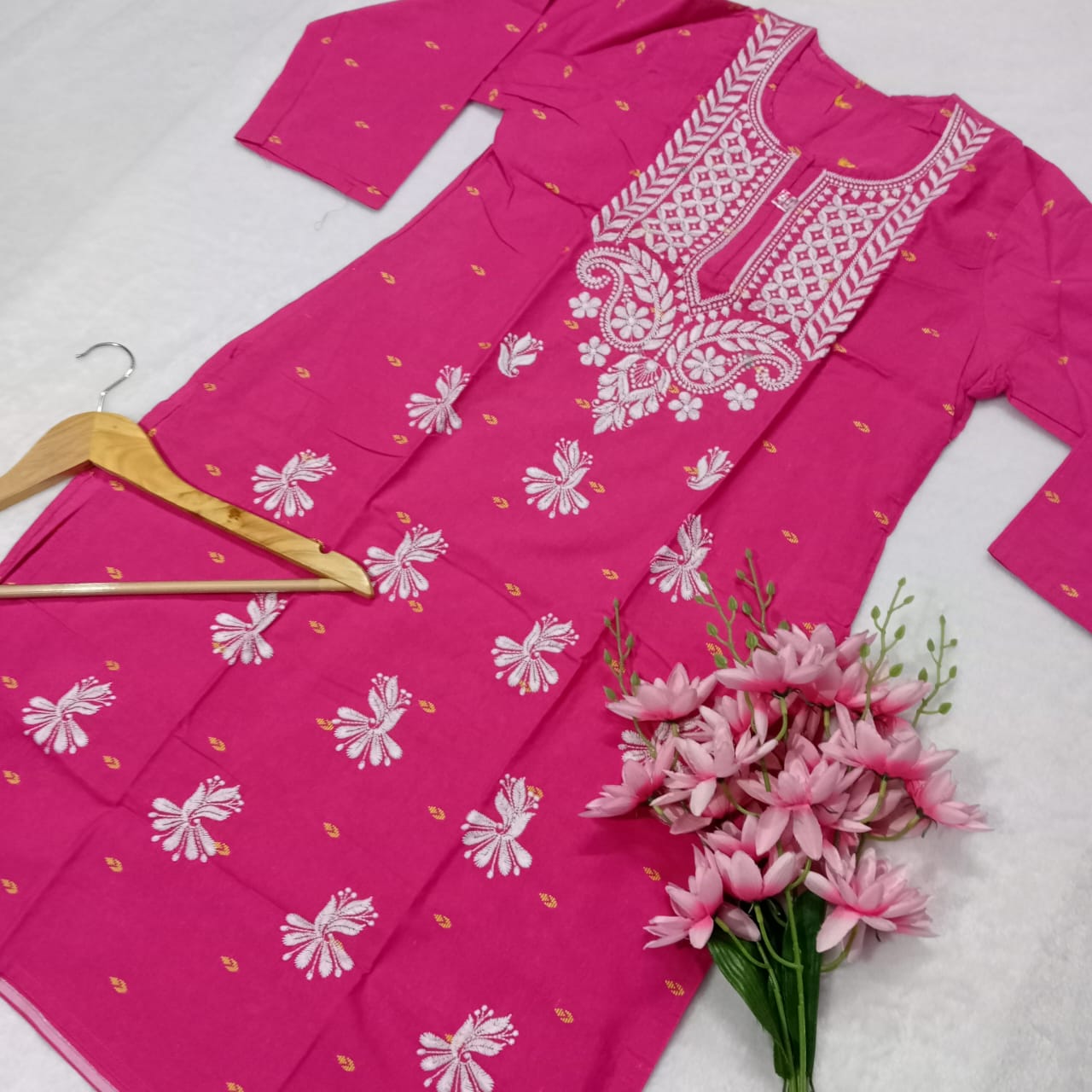 SOFT COTTON PRINTED CHIKANKARI MACHINE WORK KURTI -RANI COLOUR - Chikankaar