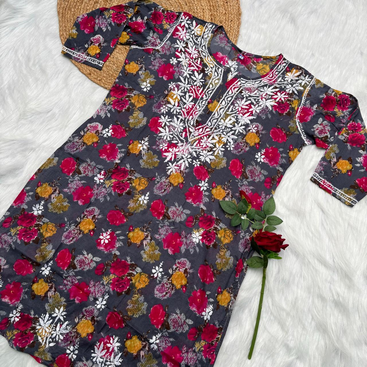 Plus size special-Dhanashree Inspired Mulmul Floral Printed Chikankari Handwork Kurti- Grey Colour - Chikankaar