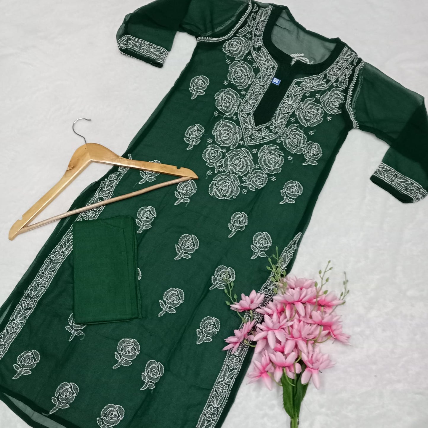 Georgette Chikankari Rose Work Kurti With Pure Cotton Inner -Dark Green Colour - Chikankaar