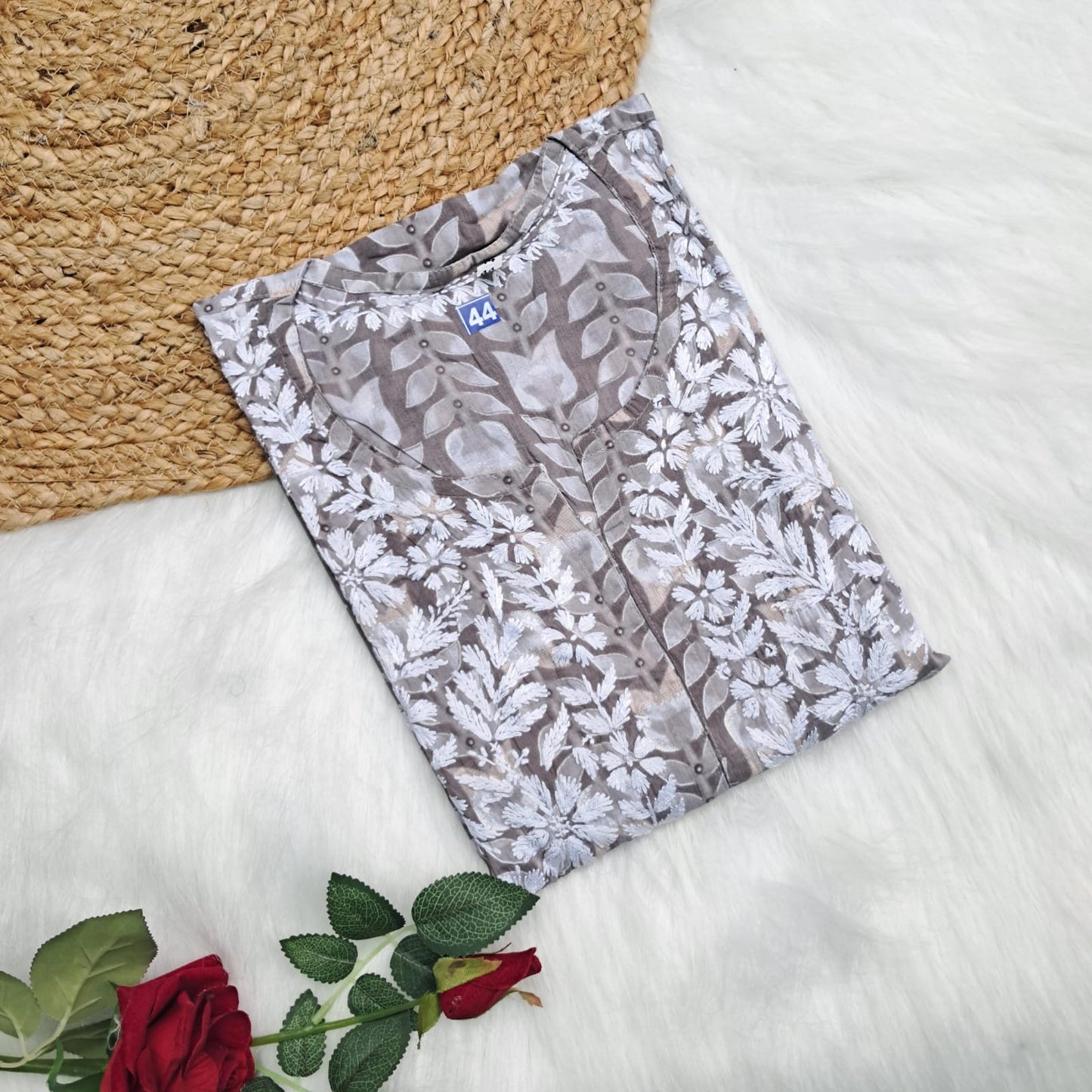 Pure Mulmul Chikankari Handwork Kurti - Grey Colour - Chikankaar