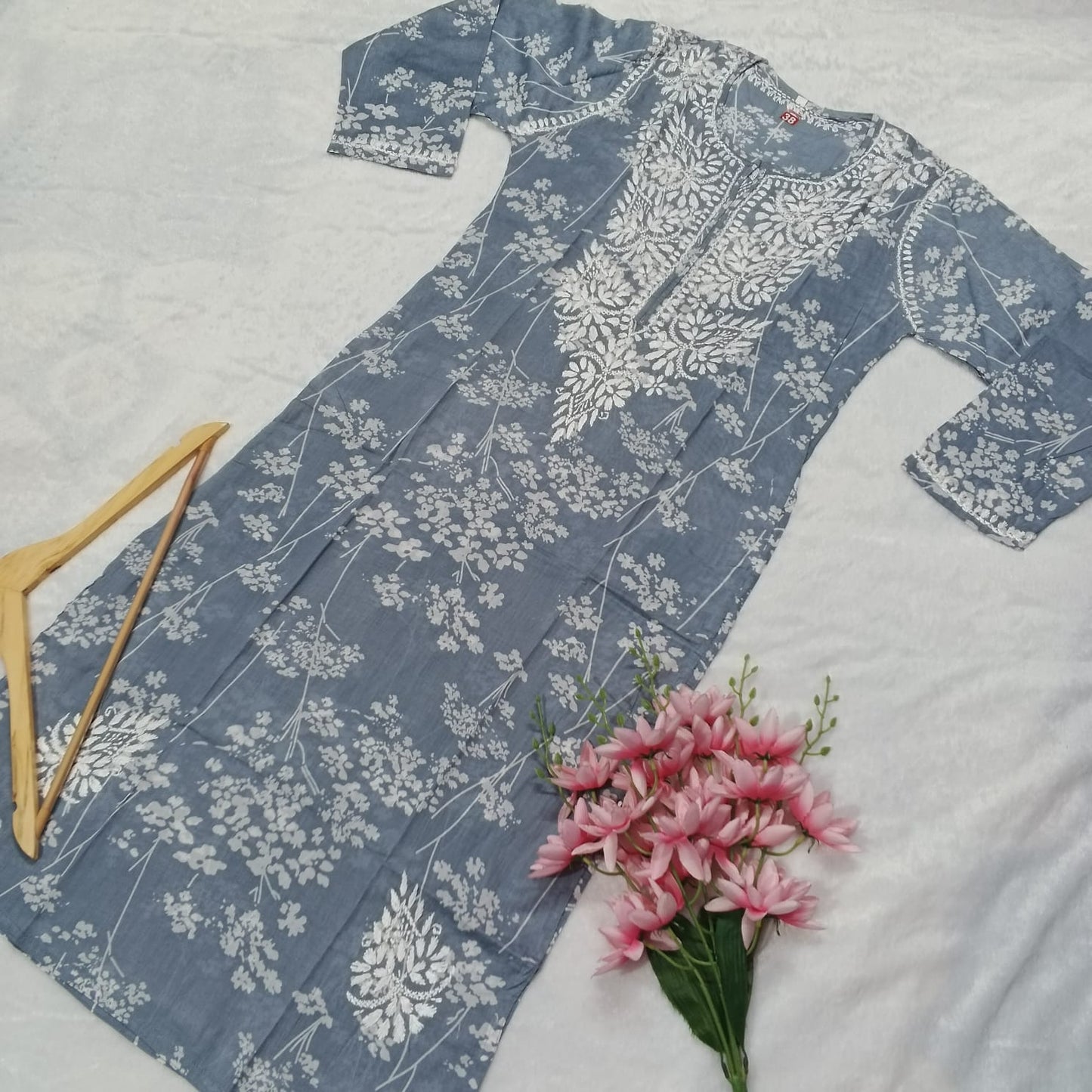 Manushi Chhillar Inspired Pure Mulmul Printed Chikankari Handwork Kurti - Grey Colour - Chikankaar