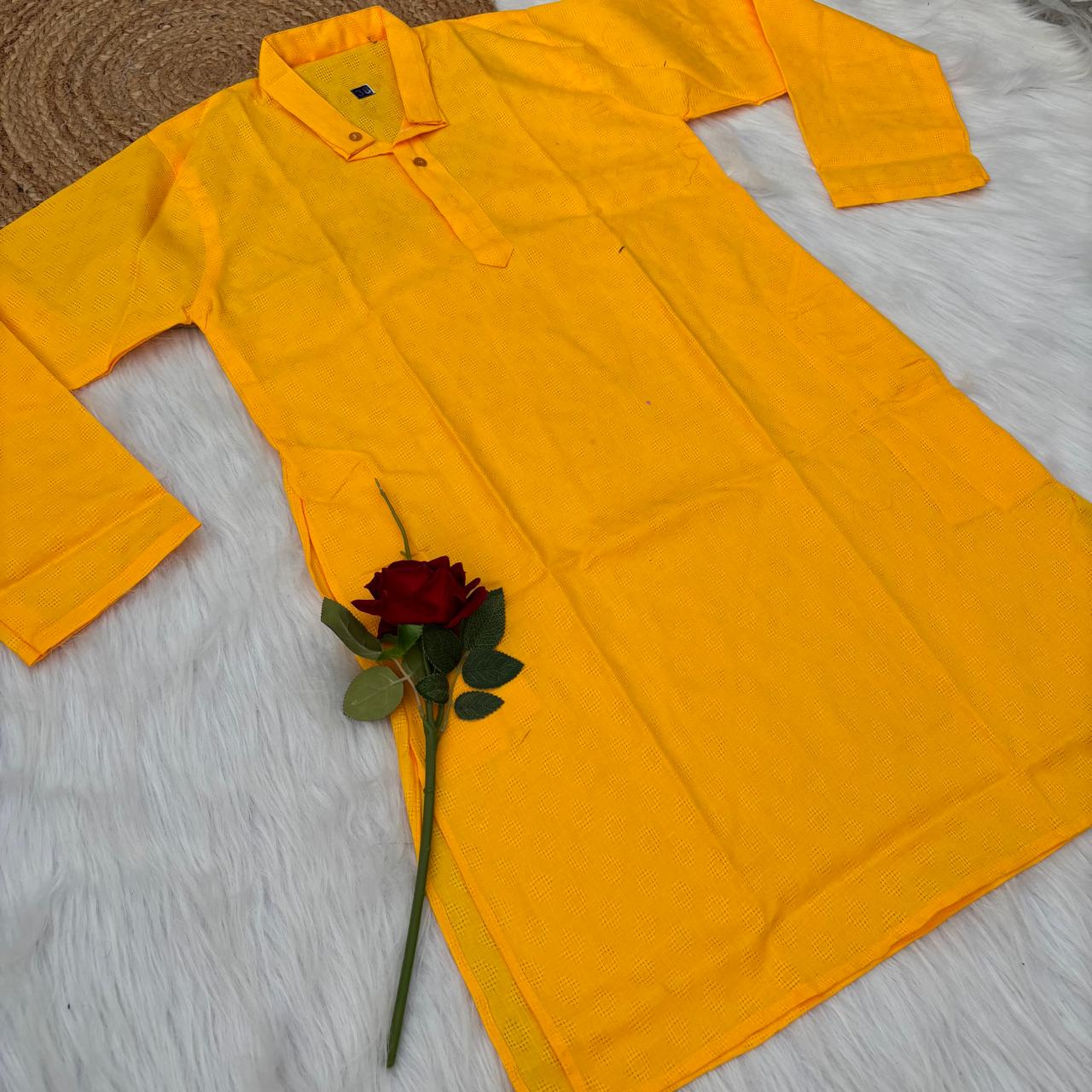 Ayaan Mens Cotton Chikankari Kurta -Yellow colour
