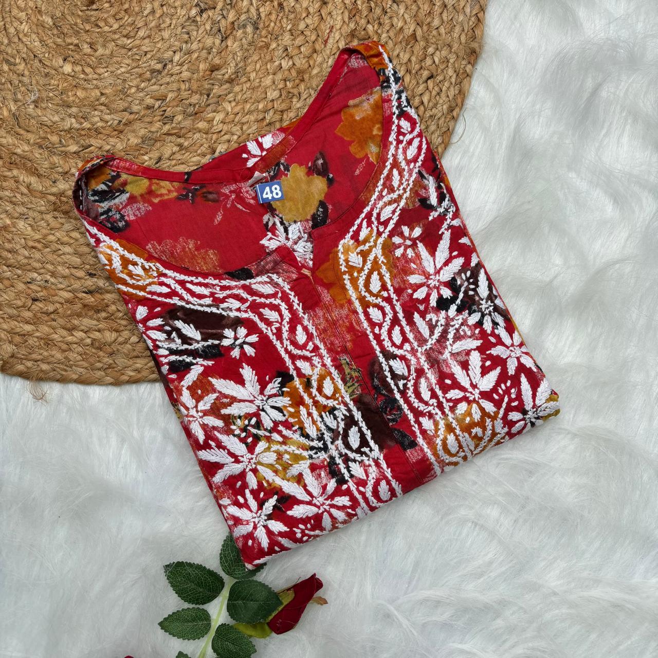 Plus size special-Dhanashree Inspired Mulmul Floral Printed Chikankari Handwork Kurti -Red Colour - Chikankaar