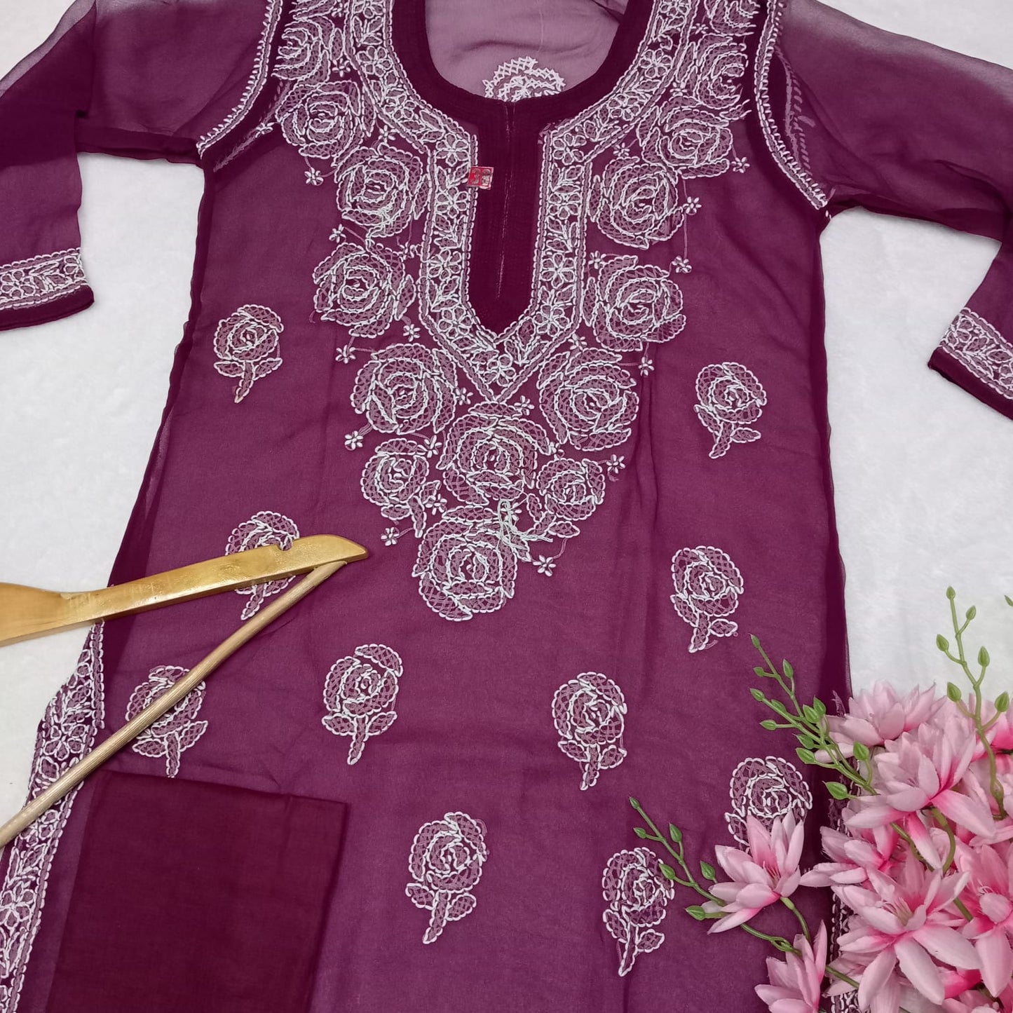 Georgette Chikankari Rose Work Kurti With Pure Cotton Inner -Wine Colour - Chikankaar