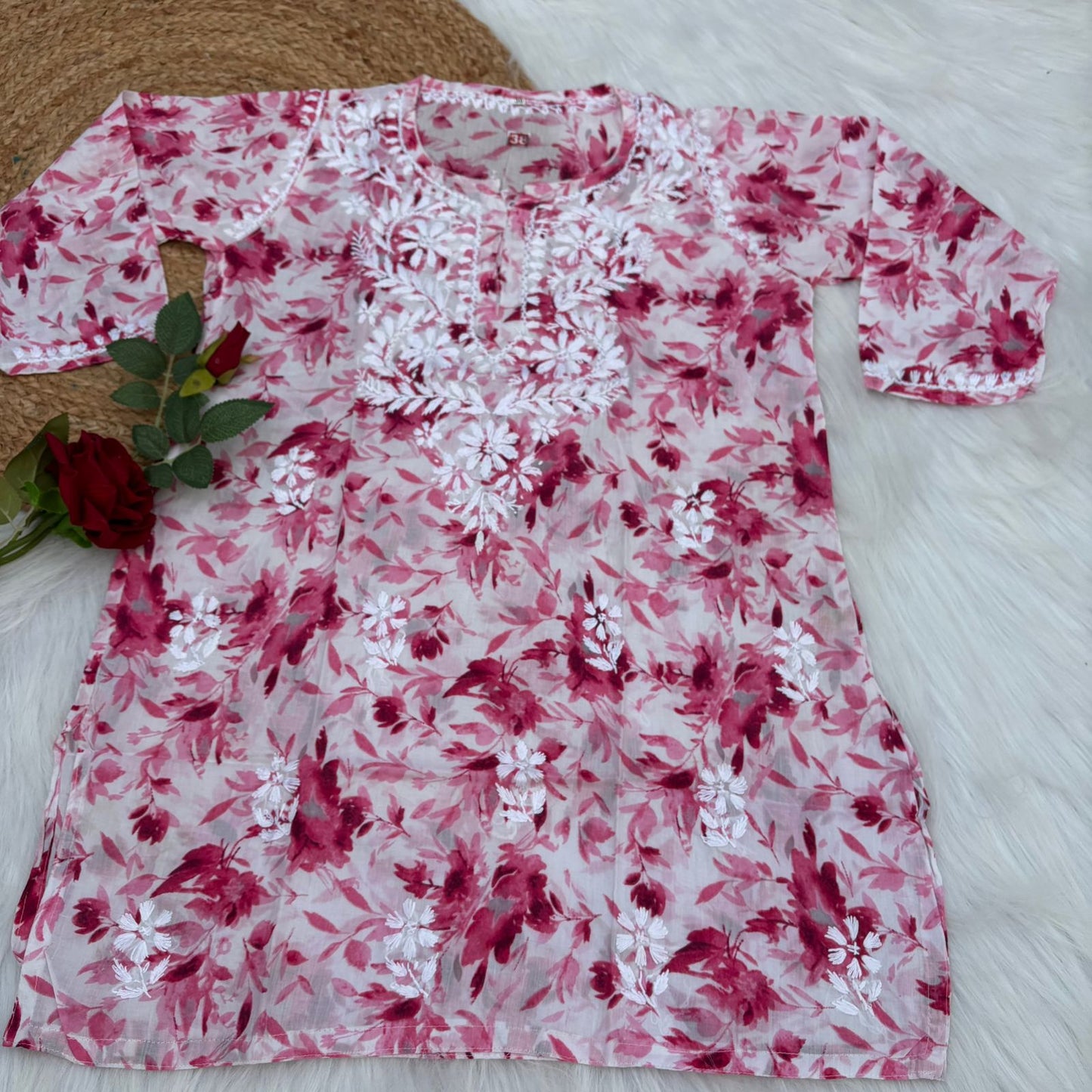 Asma Pure Mulmul Cotton Short Kurti - Pink Colour - Chikankaar
