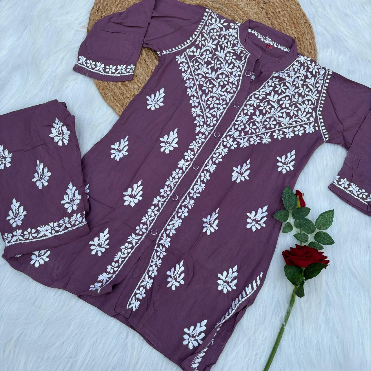 Rihana Rayon Chikankari Short Kurti Plazo Coord Set - Mauve colour - Chikankaar