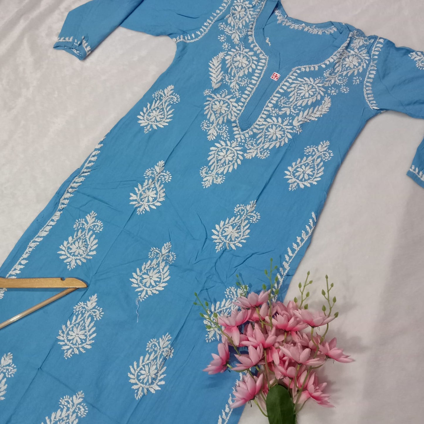 Pure Rayon Chikankari Kurti - Sky Blue Color - Chikankaar