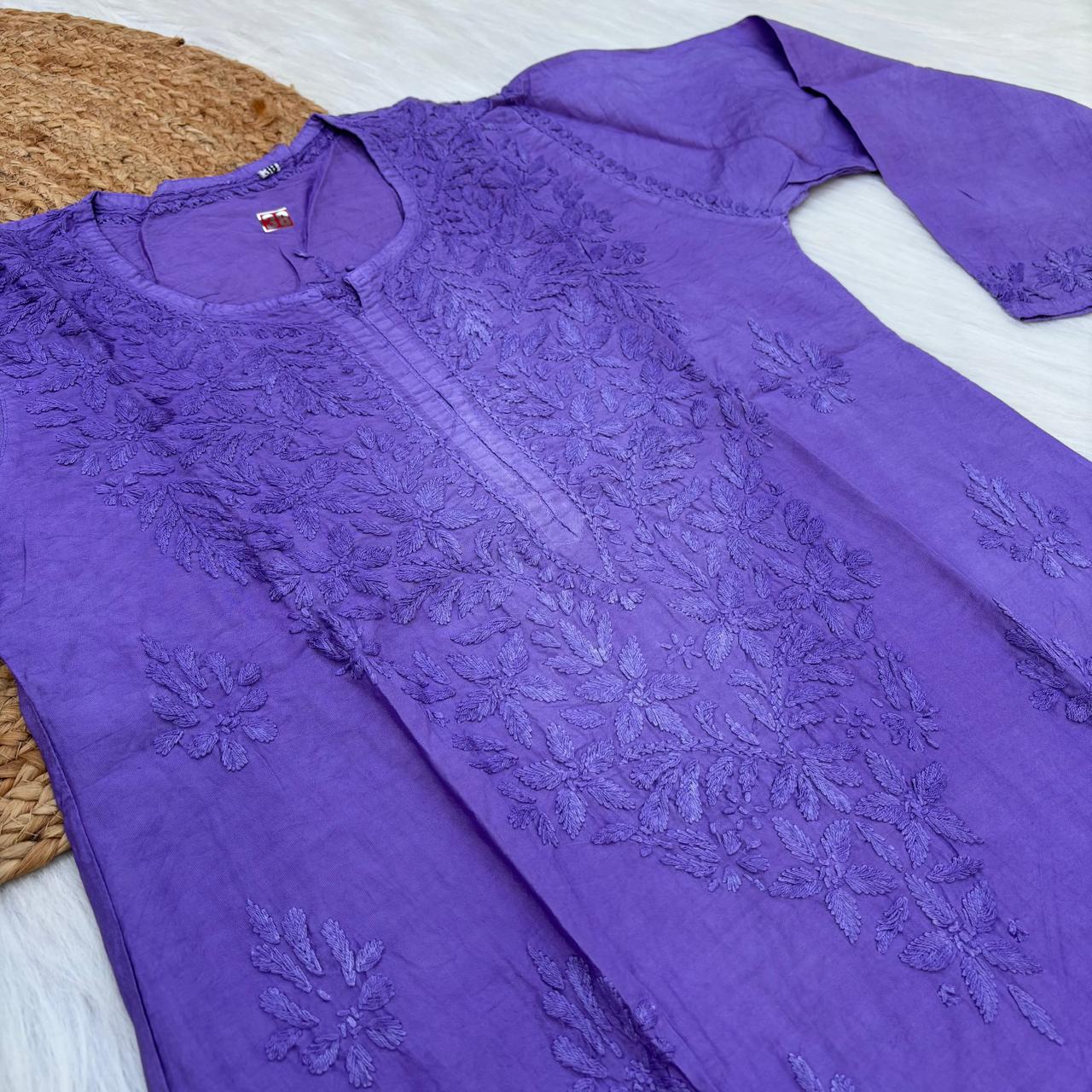 Zooni Chanderi Lucknowi Chikankari Dyed Kurti- Purple colour
