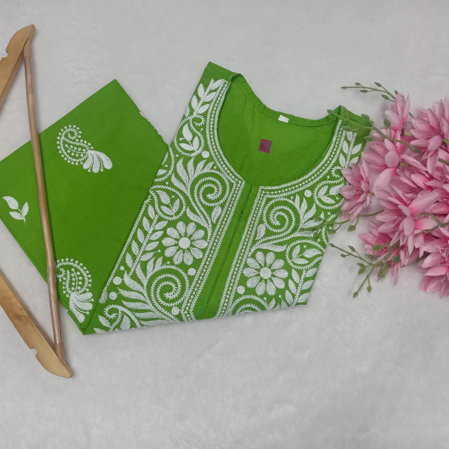 Cotton Machine Work Chikankari Kurti - Parrot Green Colour - Chikankaar