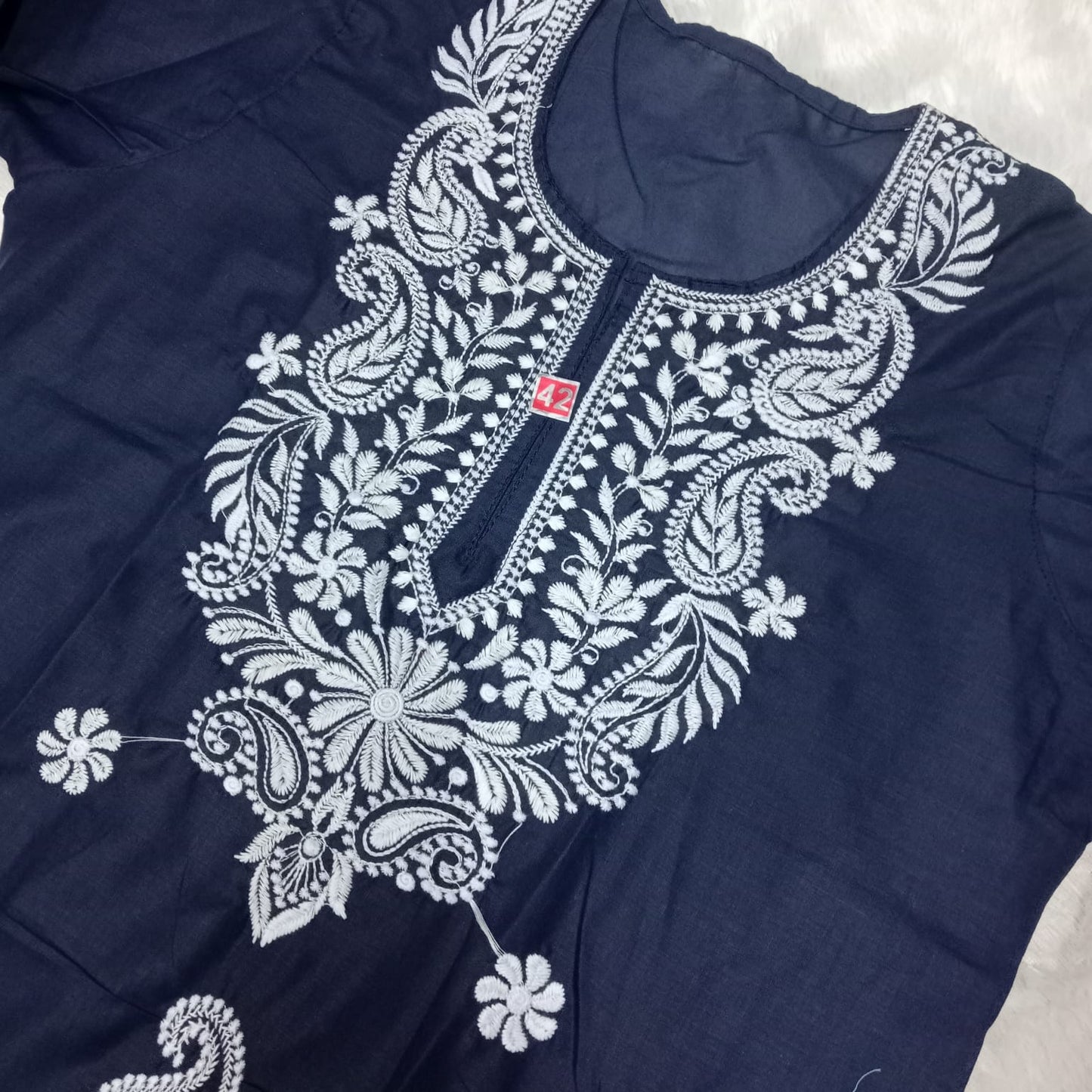 COTTON MACHINE WORK CHIKANKARI KURTI -NAVY BLUE COLOUR - Chikankaar