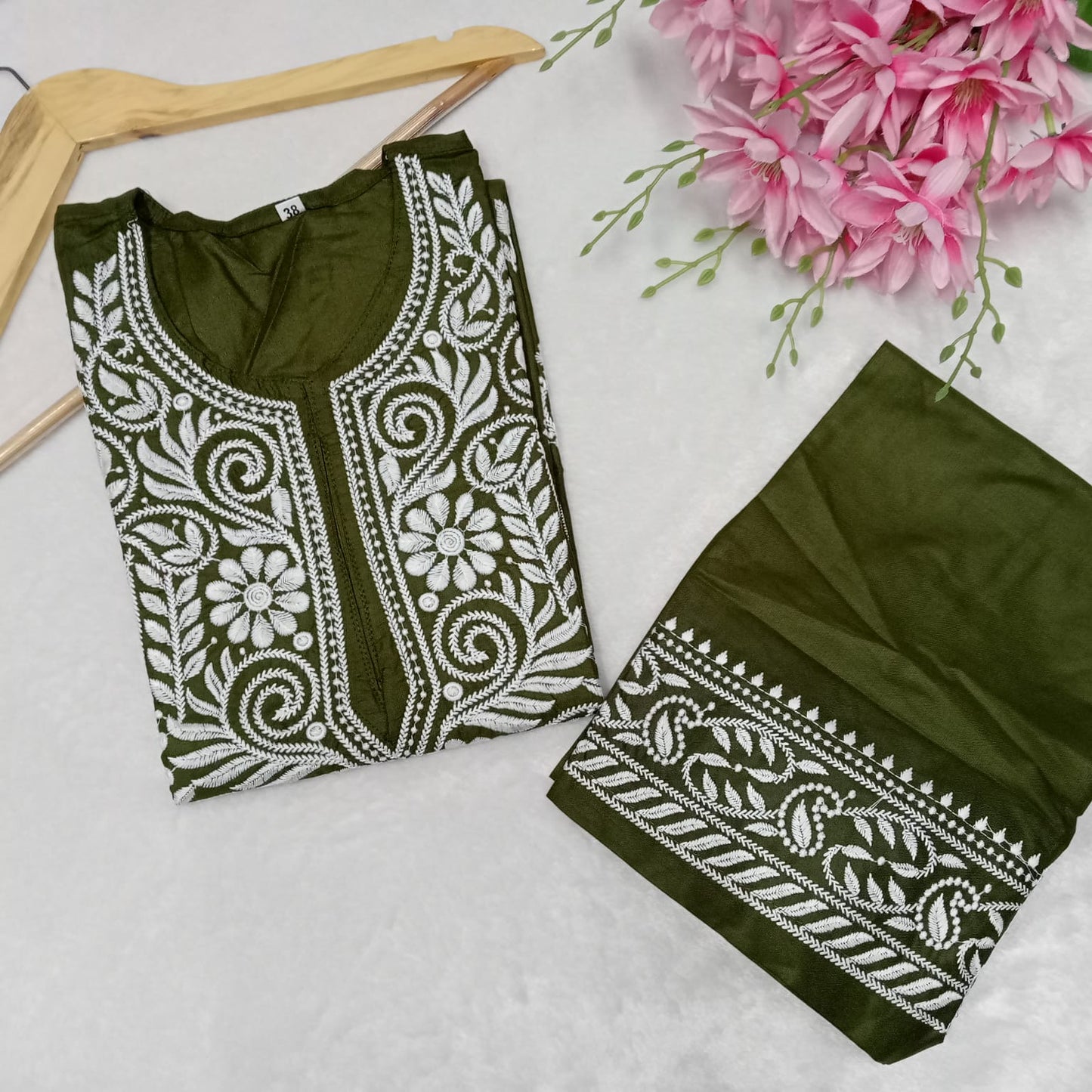 Rayon Chikankari Machine Work Kurti Plazo Set- Mehndi Colour - Chikankaar