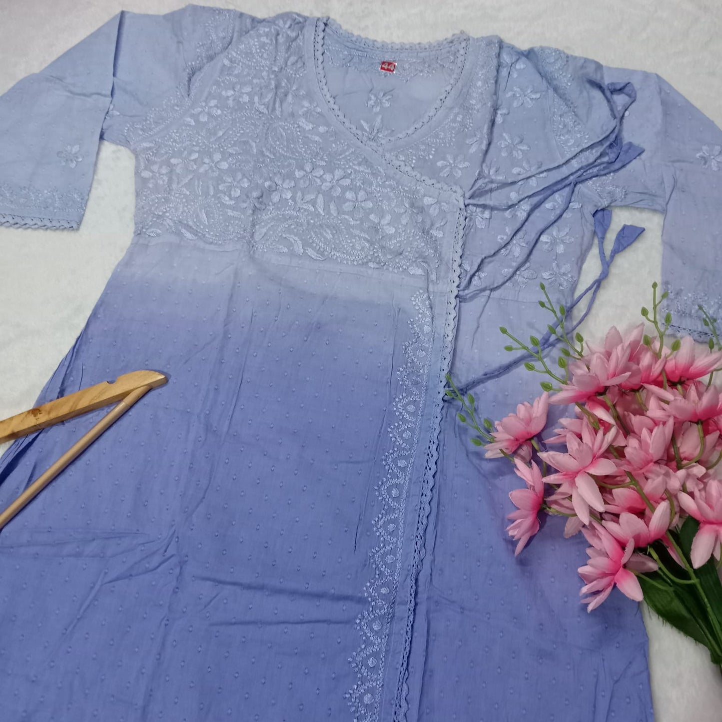 Ombre Shaded Dobby Cotton Chikankari Angarakha -Ocean Blue Colour - Chikankaar