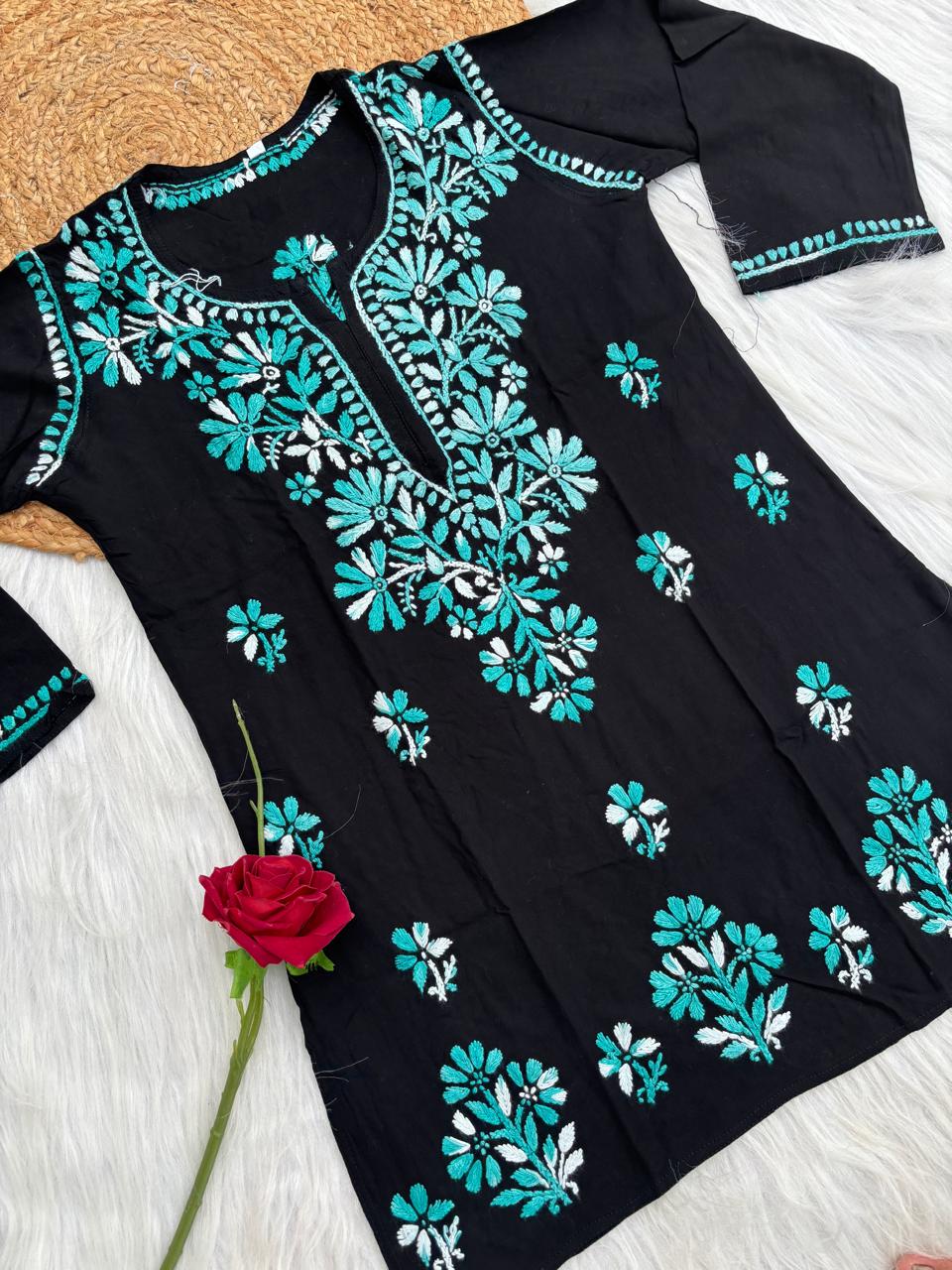 Mahek Soft Rayon Handwork Chikankari Short Kurti- Sea Green Colour