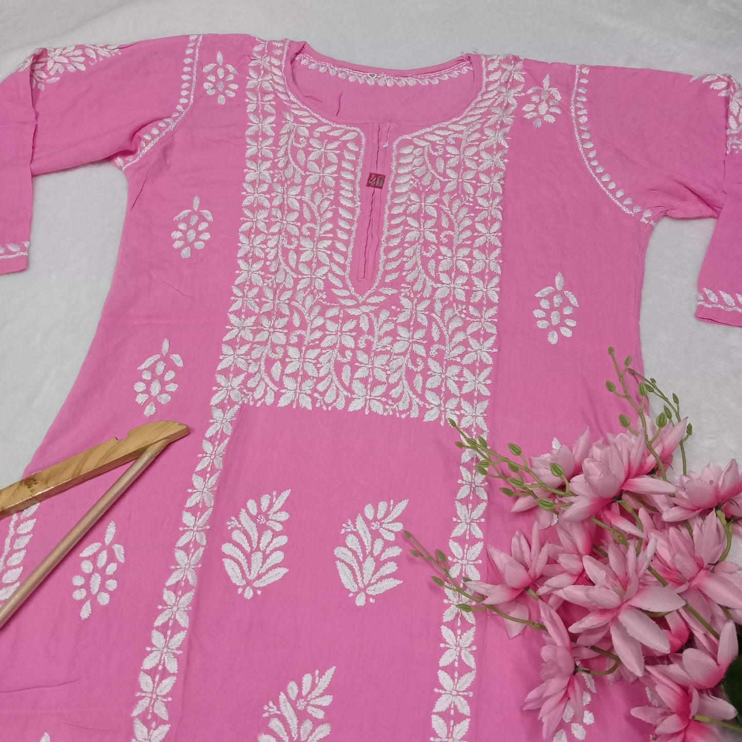 Soft Rayon Heavy Chikankari Panel Work Kurti -Pink Colour - Chikankaar