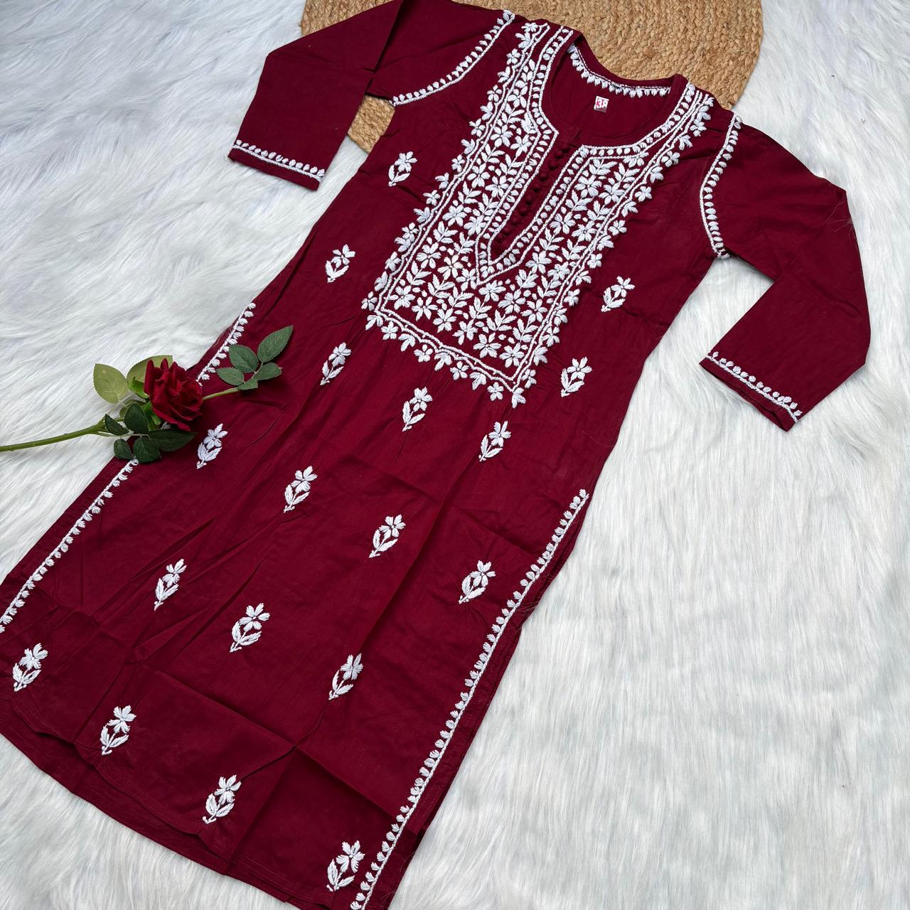 Shanaya Pure Cotton Chikankari Kurti Maroon Colour