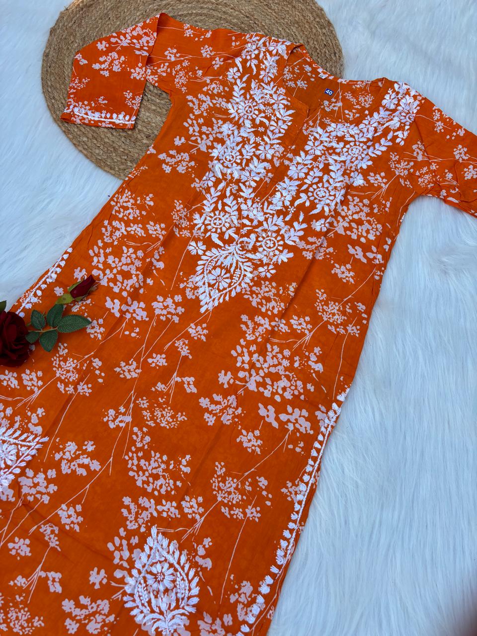 Mahira Sharma Inspired Pure Mulmul Printed Chikankari Handwork Kurti - Orange Colour - Chikankaar