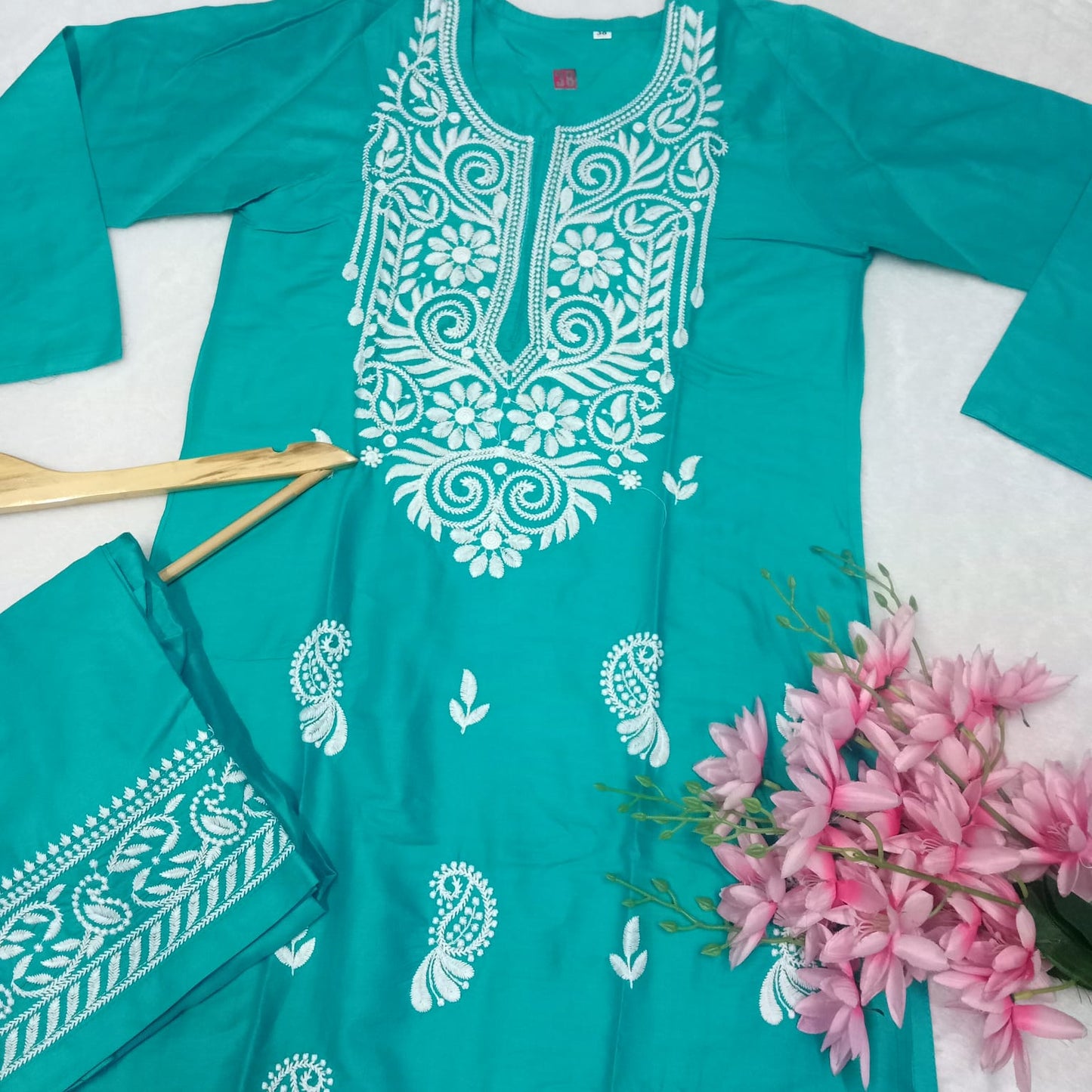 Rayon Chikankari Machine Work Kurti Plazo Set- Sea Green Colour - Chikankaar