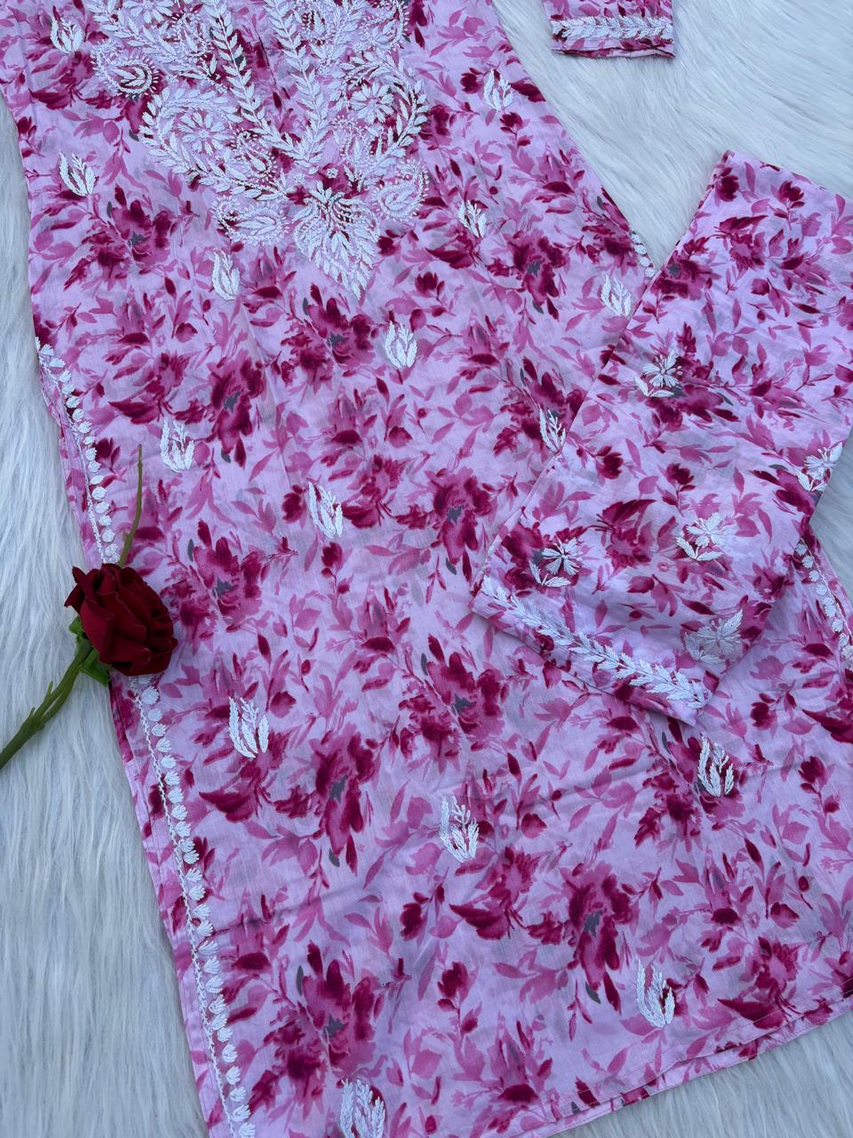 Hadaya Mulmul Cotton Chikankari Kurti Set -Pink Colour