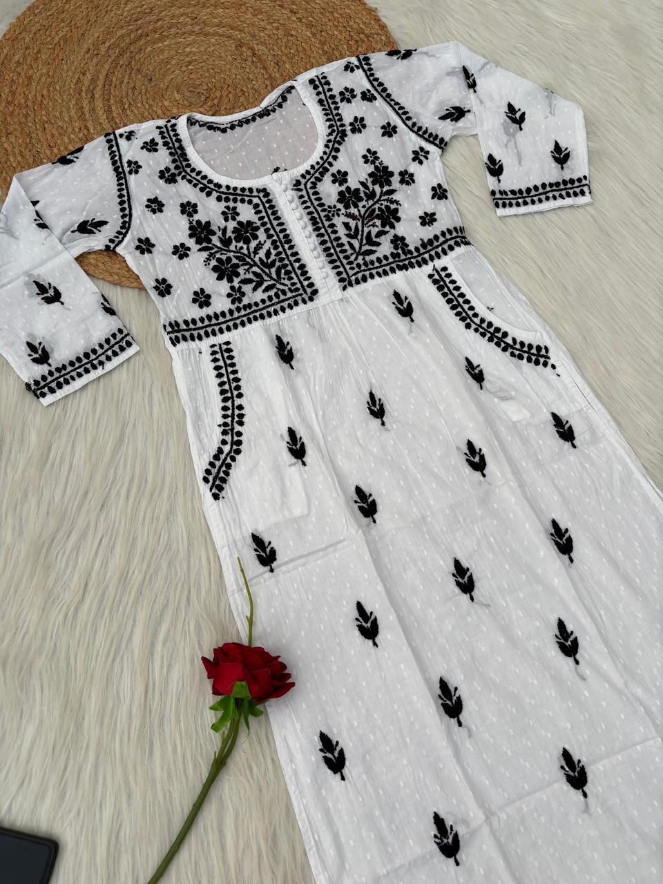 Sonakshi Soft Cotton Lucknowi Chikankari Handwork Kurti (With Pockets) - White Black Color