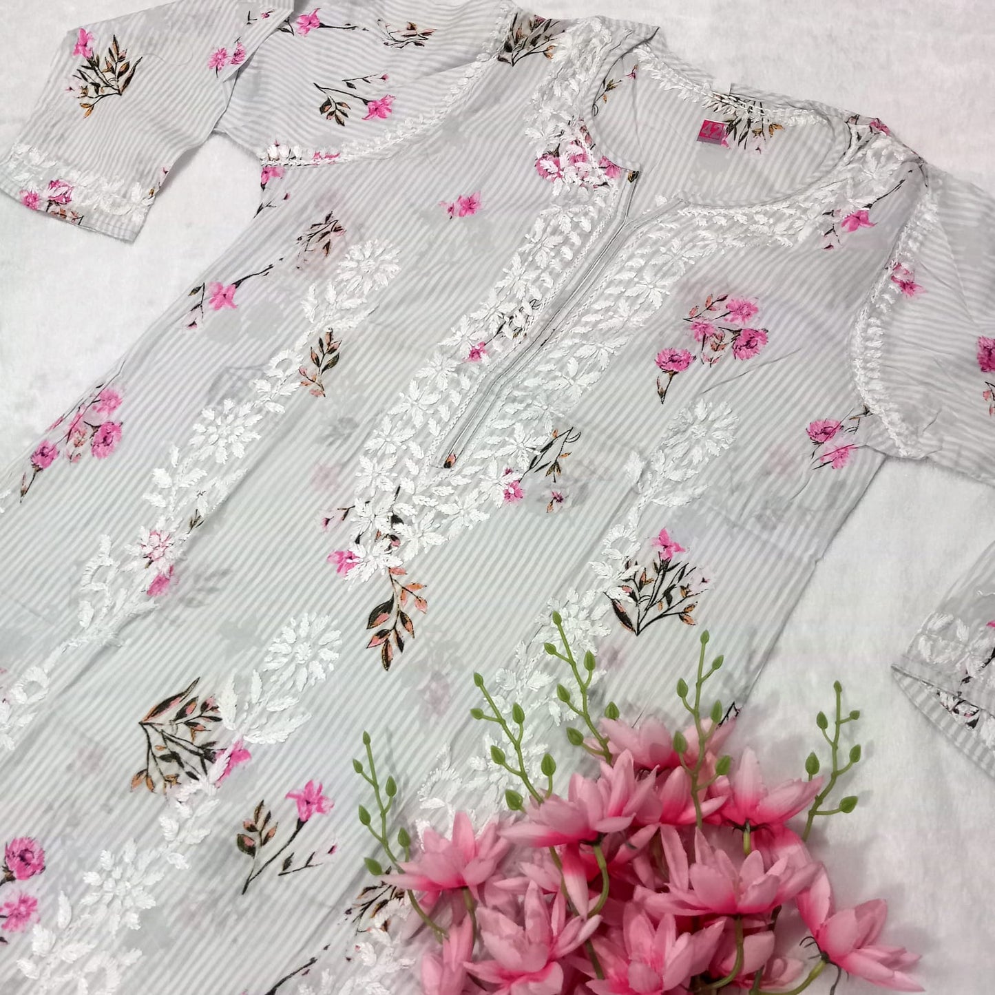 PURE MULMUL HEAVY CHIKANKARI WORK KURTI -GREY COLOUR - Chikankaar