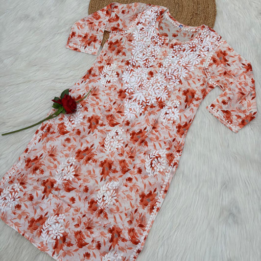Amara Pure Mulmul Chikankari Handwork Kurti -Orange Colour